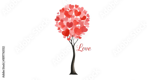 Watercolor tree with hearts and love text, isolated on transparent background