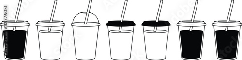 Takeaway beverage cups collection showing different fill levels reusable drink containers with straws minimalist line vector illustration