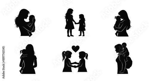 Black silhouettes of mothers and daughters showing love and affection in various heartwarming poses