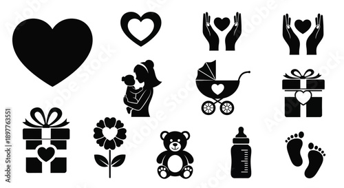 Black baby shower icons on white background including heart teddy bear stroller gifts and baby bottle