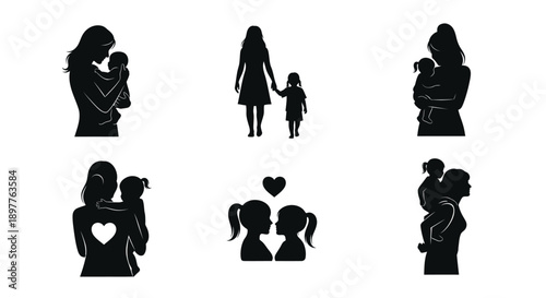 Silhouettes of mothers and children in various loving poses and heart shapes on white background