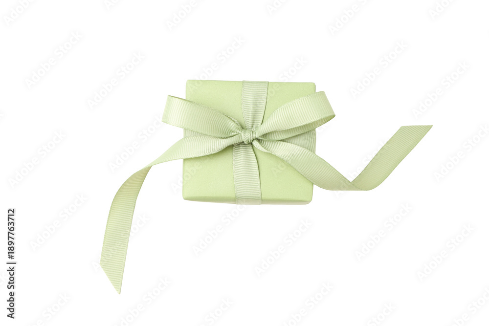 Fototapeta premium A lovely gift box wrapped in soft green ribbon, isolated, PNG