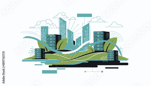 Sustainable cityscape with eco-friendly buildings and green spaces.