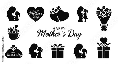 Black mother's day icons set with silhouettes and gifts on white background for greeting cards