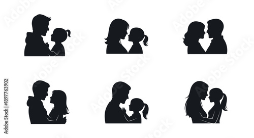 Silhouettes of loving parents embracing children family affection tender moments black icons