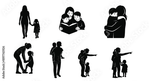 Black silhouettes of parents and children showing love care and interaction in various heartwarming moments family bonding and relationships