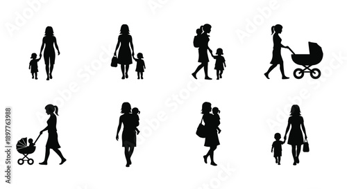 Silhouettes of mothers and children walking pushing strollers and carrying babies various parenting scenes