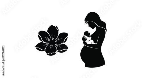 Pregnant woman holding baby with flower symbol maternity and parenthood concept in black silhouette