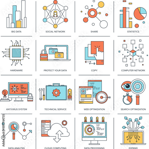 ector set of flat line concepts on technology theme design elements for web and mobile