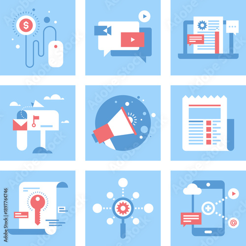 vector set of flat digital marketing icons icon pack includes following themes pay per