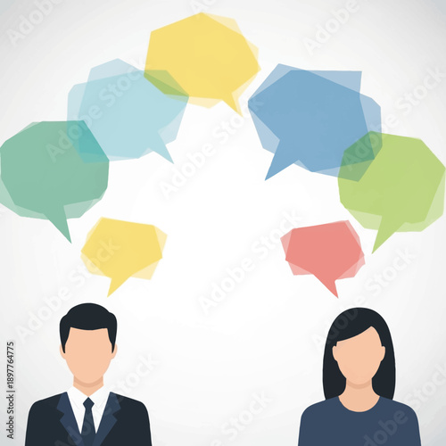 Two people with colorful speech bubbles above their heads.