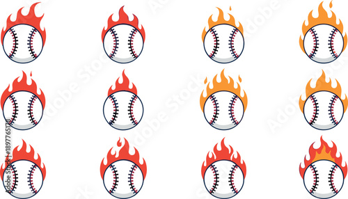 Flaming baseball vector set with burning ball icons, fire effects and sport design collection