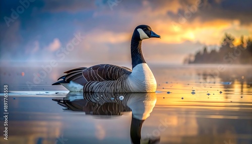 A serene image of a goose gracefully floating on calm water, reflecting a vibrant sunrise. The sky and trees create a warm ambiance