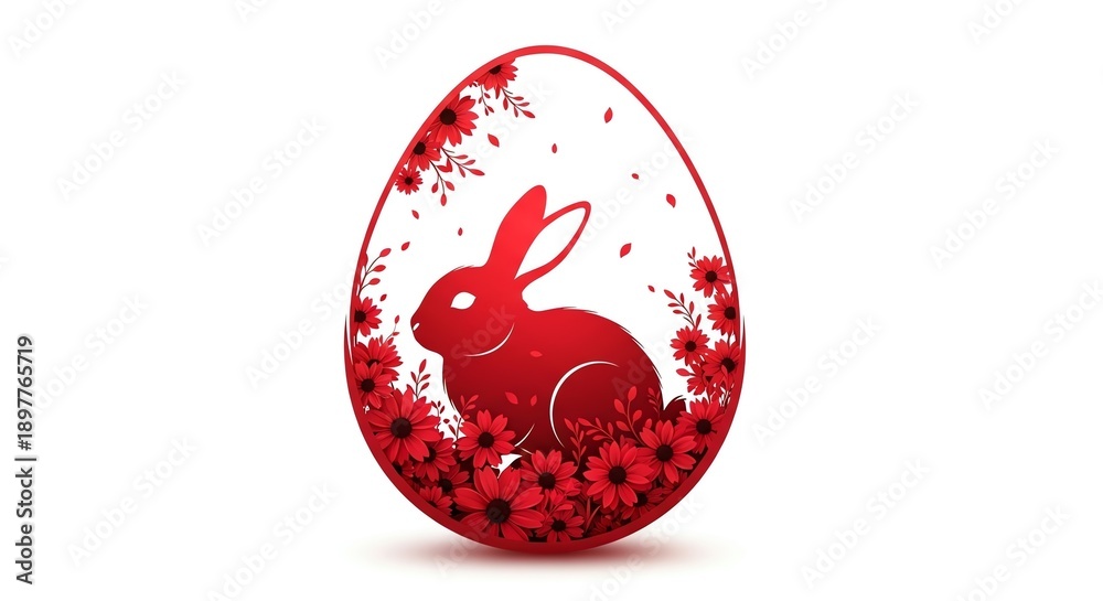 Fototapeta premium Red rabbit in egg shape with floral design