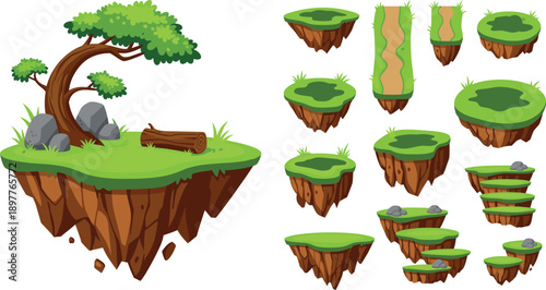 Floating grass island and modular platform vector set with tree and rocks for platformer game level design