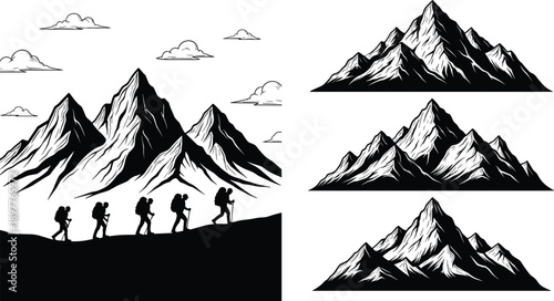 Vector, black, and, white, illustration, of, a, group, of, hikers, climbing, a, mountain, range, with, peaks, and, clouds, for, outdoor, adventure, and, travel, design