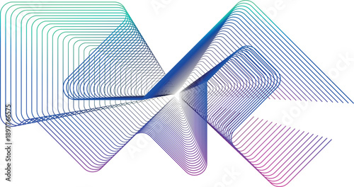 Symmetrical abstract design with overlapping rounded rectangles in rainbow gradient radiating from center