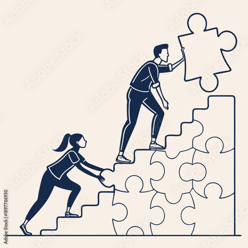 A vector graphic illustration of two people working together to complete a puzzle