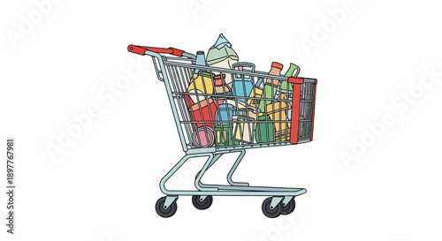 shopping cart full of food, a modern icon for an online grocery store, a delivery app, or a supermarket flyer.