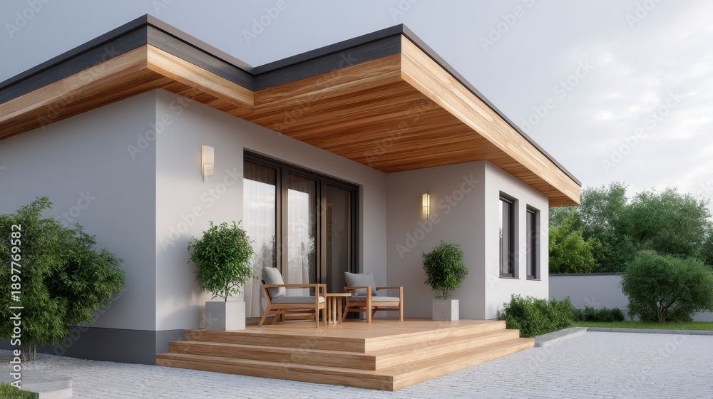 Fototapeta premium Modern architectural design of a stylish house featuring wooden accents, spacious porch, and beautiful landscaping under a clear sky in a serene environment
