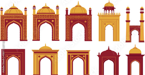 Indian Mughal and Islamic Gate Vector Set with Ornate Palace and Temple Arch Designs