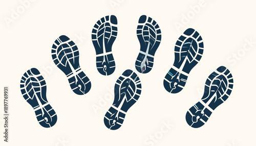 Abstract vector illustration featuring a scattered pattern of dark blue shoe footprints, symbolizing individual movement, diverse directions, and the journey of life on a light background