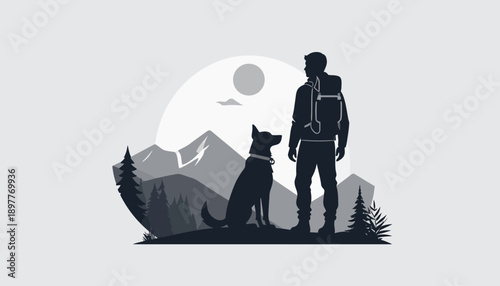 Man and his dog enjoying a scenic mountain landscape at sunset