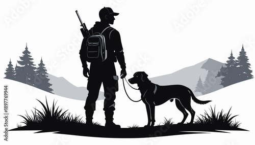 Silhouette of a Hunter with His Trusty Canine Companion in a Mountainous Forest Landscape, Ready for an Outdoor Adventure and Wilderness Expedition