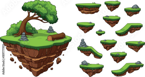 Floating island and grass platform vector set with trees and rocks for game environment and level design