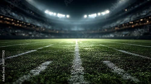Illuminated American Football Stadium Field at Night with Blurred Spectators and Lights. Dramatic