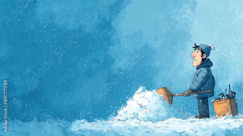 Man shoveling snow with a determined expression. blue winter storm background. isolated cartoon il