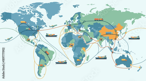 Global Shipping Routes and Logistics Network Across Continents.