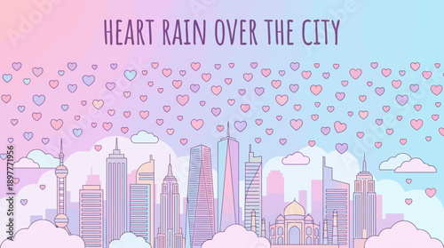 Cityscape with Heart Rain and Cloudy Sky.
