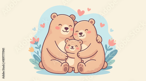 Adorable cartoon bear family embracing with love and affection.