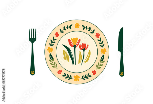 Folk art plate with fork and knife floral design Vector illustration