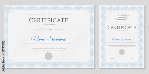 Elegant set of certificate and diploma templates in light blue. Vertical and horizontal layouts with a classic guilloche border. Editable vector design for business and achievements.