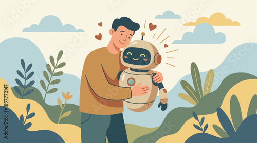 Man holding a robot with love and affection in a serene landscape.