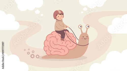 A cartoon illustration of a person riding on a giant brain being pulled by a snail.