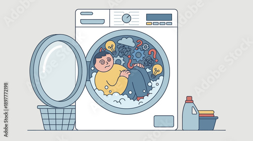 Cartoon illustration of a child inside a washing machine with laundry detergent.