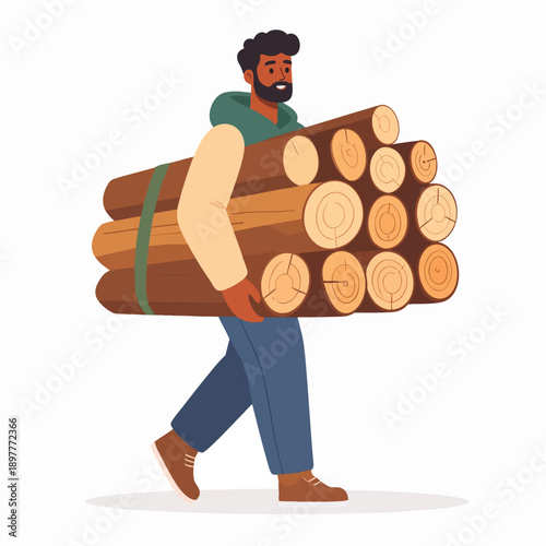 Man carrying large bundle of logs on shoulder walking forward in illustration