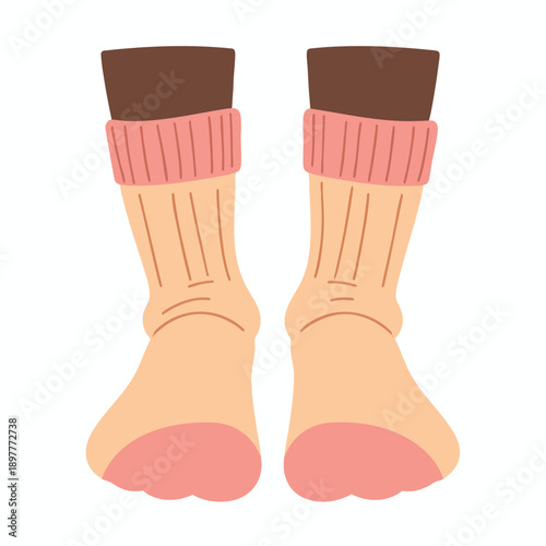 Pair of beige socks with pink cuffs and toes on a plain background from a front viewpoint