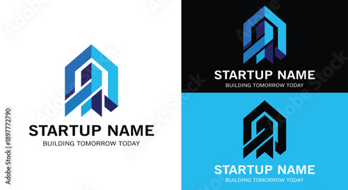 Modern startup logo design with a blue and black color scheme
