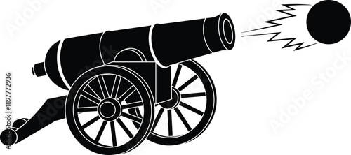 Cannon silhouette vector, historical artillery illustration, old weapon design, cannonball firing graphic, war machine icon, vintage military art, cad drawing flat vector illustration