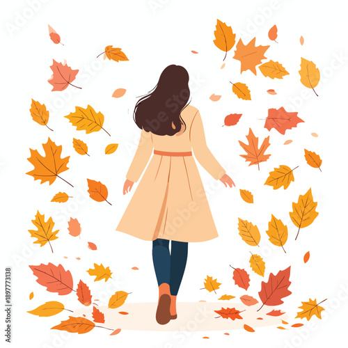 A woman surrounded by falling leaves in an autumnal scene viewed from behind as she walks