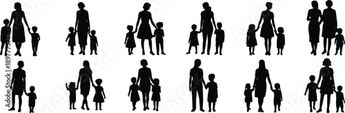 Family silhouette collection of mothers walking with children, parenting diversity, single parent life, childcare bonding illustration set icons vector design