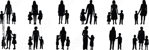 Large collection of diverse family silhouettes featuring mothers and fathers holding hands with children and toddlers for parenting and community concepts