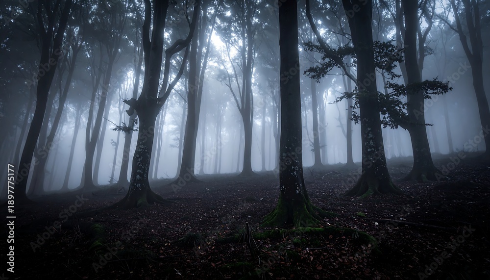 Obraz premium Eerie forest scene with tall trees, fog, and moody, dim lighting