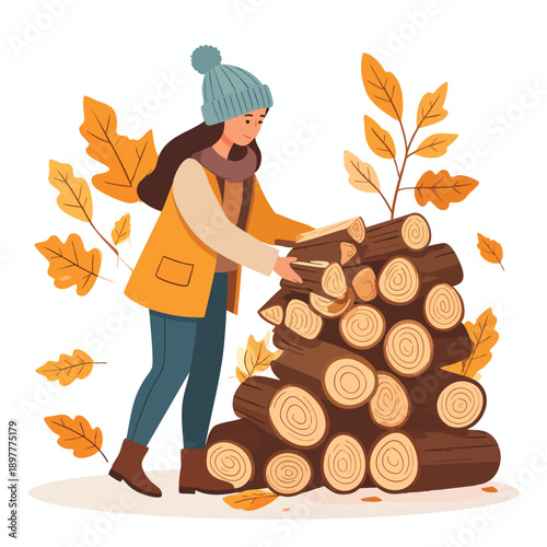 Woman chopping firewood surrounded by autumn leaves in a serene outdoor setting