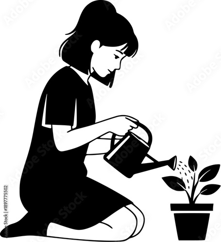 Woman Watering Plant black silhouette gardening activity illustration for home and hobby concept