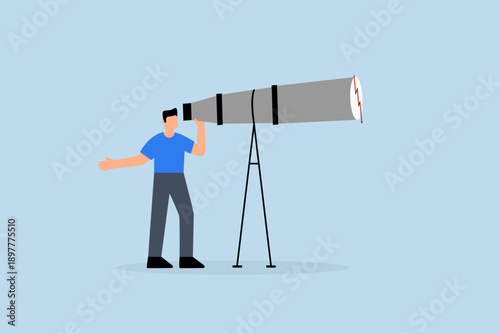 Stock market forecast downfall, investor looks through a telescope to see a red bearish stock market chart.